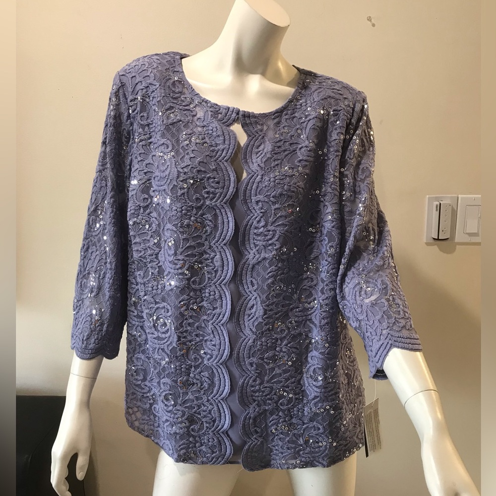 Women Plus Alex Evenings Sequin Lace Chiffon Scallop Trim 3/4 Sleeve Twinset/3X